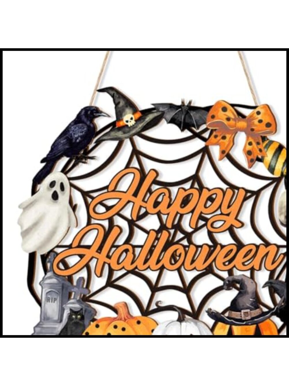 Wooden Halloween Ghost Wreath Sign with Pumpkin & Black Cat